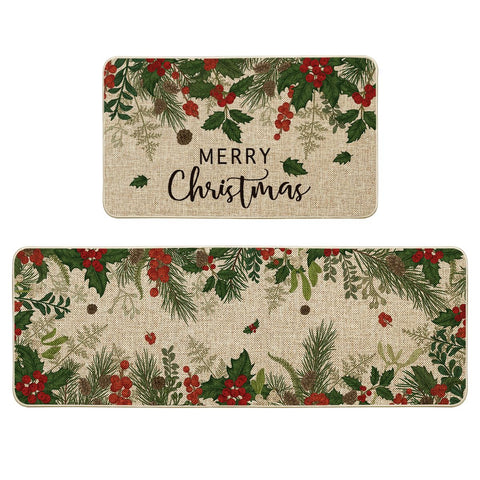 Artoid Mode Leaves Holly Merry Christmas kitchen mat 17x29 adds festive decor and floor protection