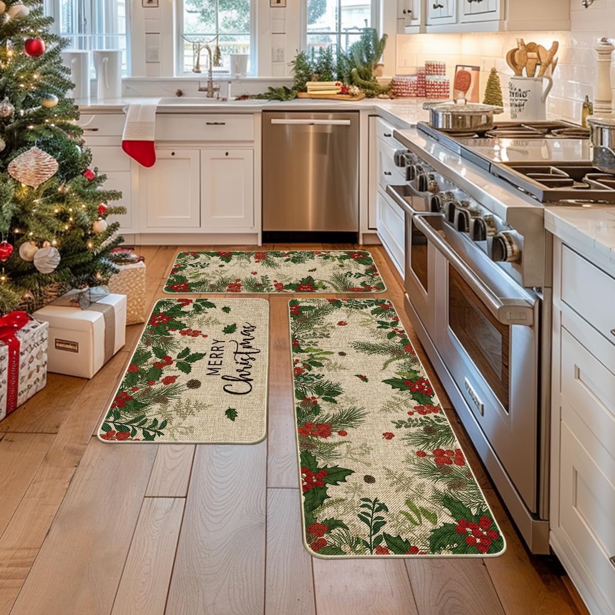 Artoid Mode Leaves Holly Merry Christmas 17x36 kitchen mat angle 2 for entryway décor