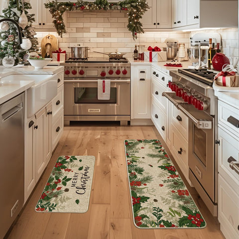 Artoid Mode Leaves Holly Merry Christmas kitchen mat 17x47 enhances seasonal style and prevents slips