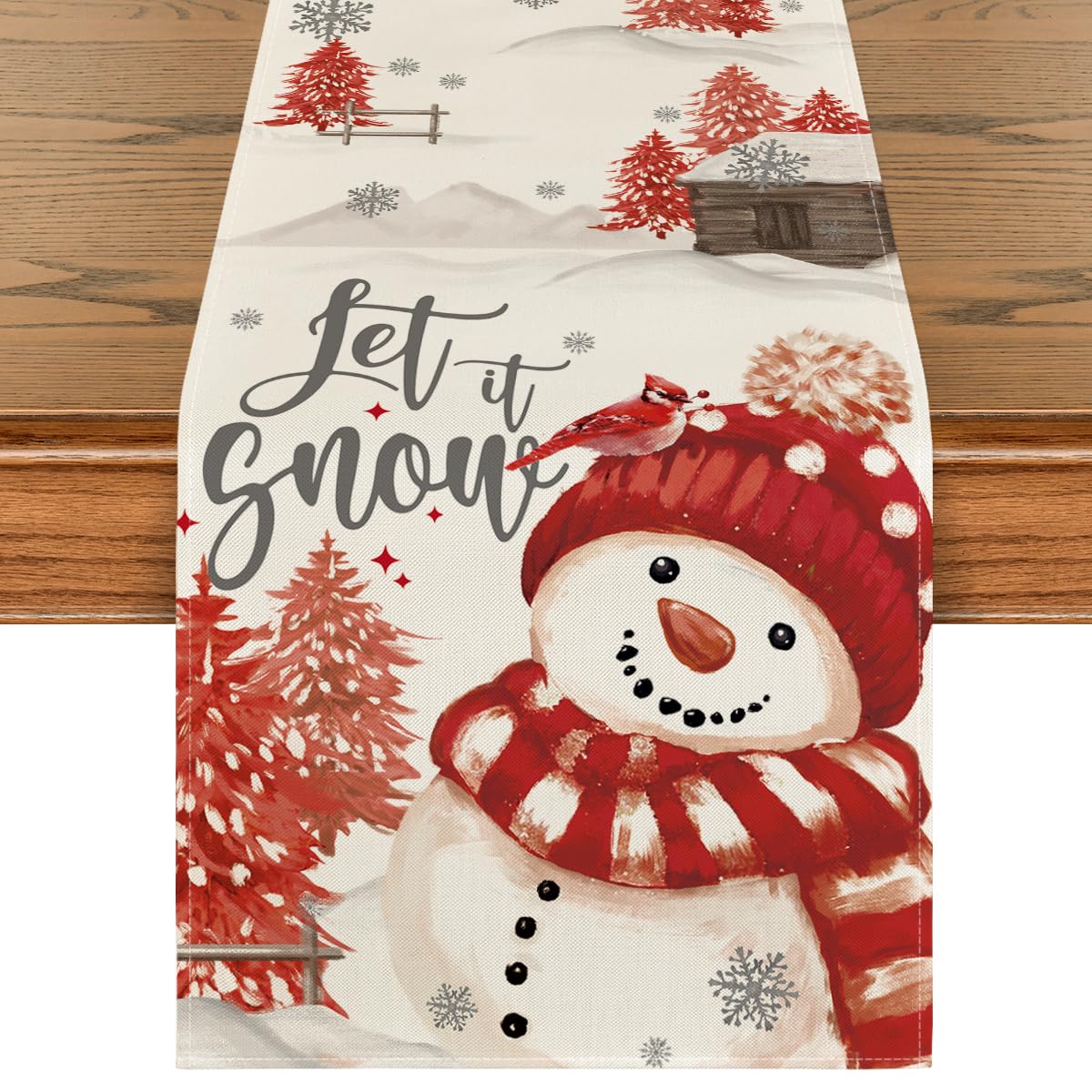 Artoid Mode Let It Snow red snowman table runner on holiday table for festive decoration