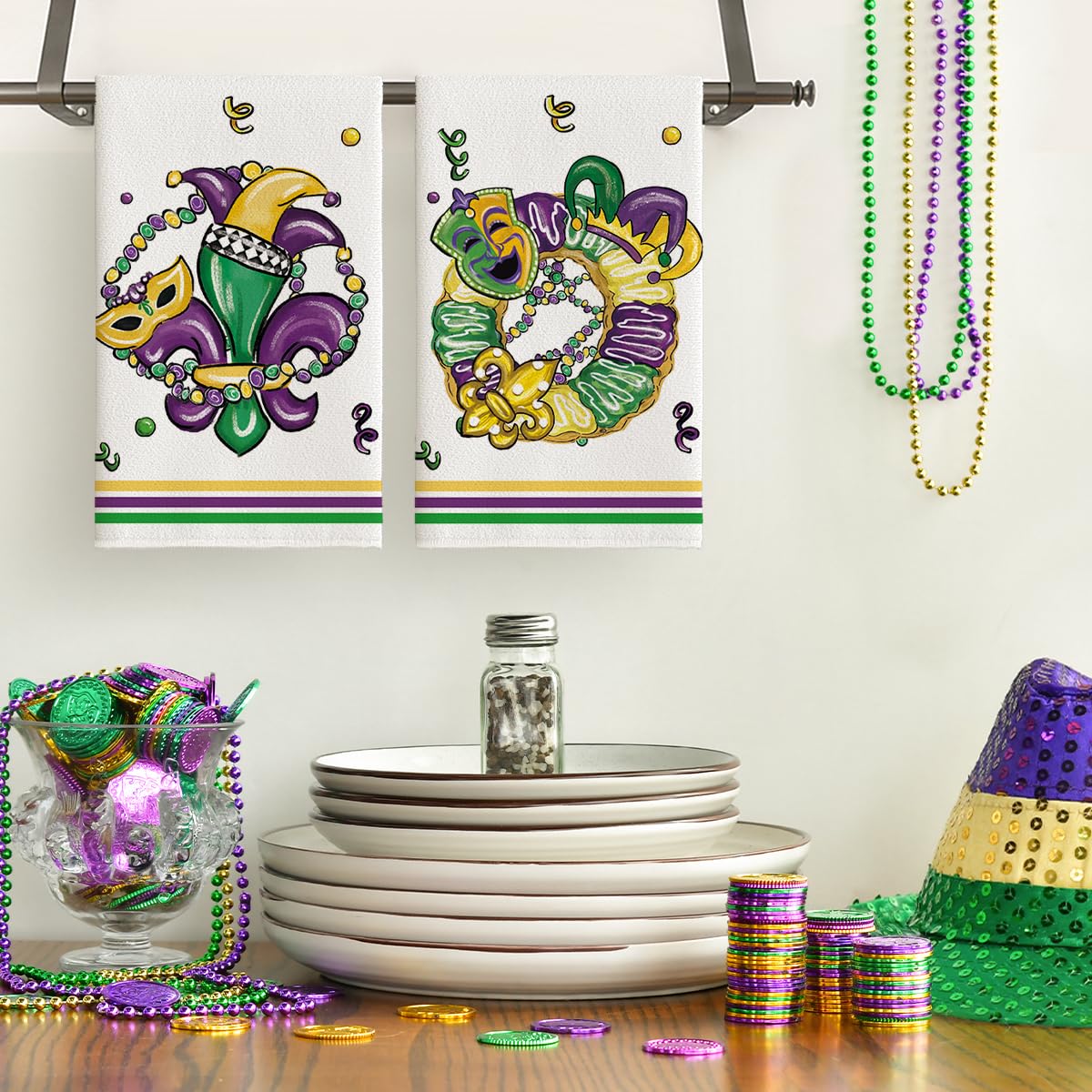 Artoid Mode Mardi Gras towels in vibrant colors for festive cleaning.