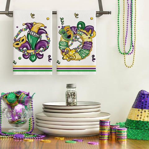 Artoid Mode Mardi Gras towels in vibrant colors for festive cleaning.