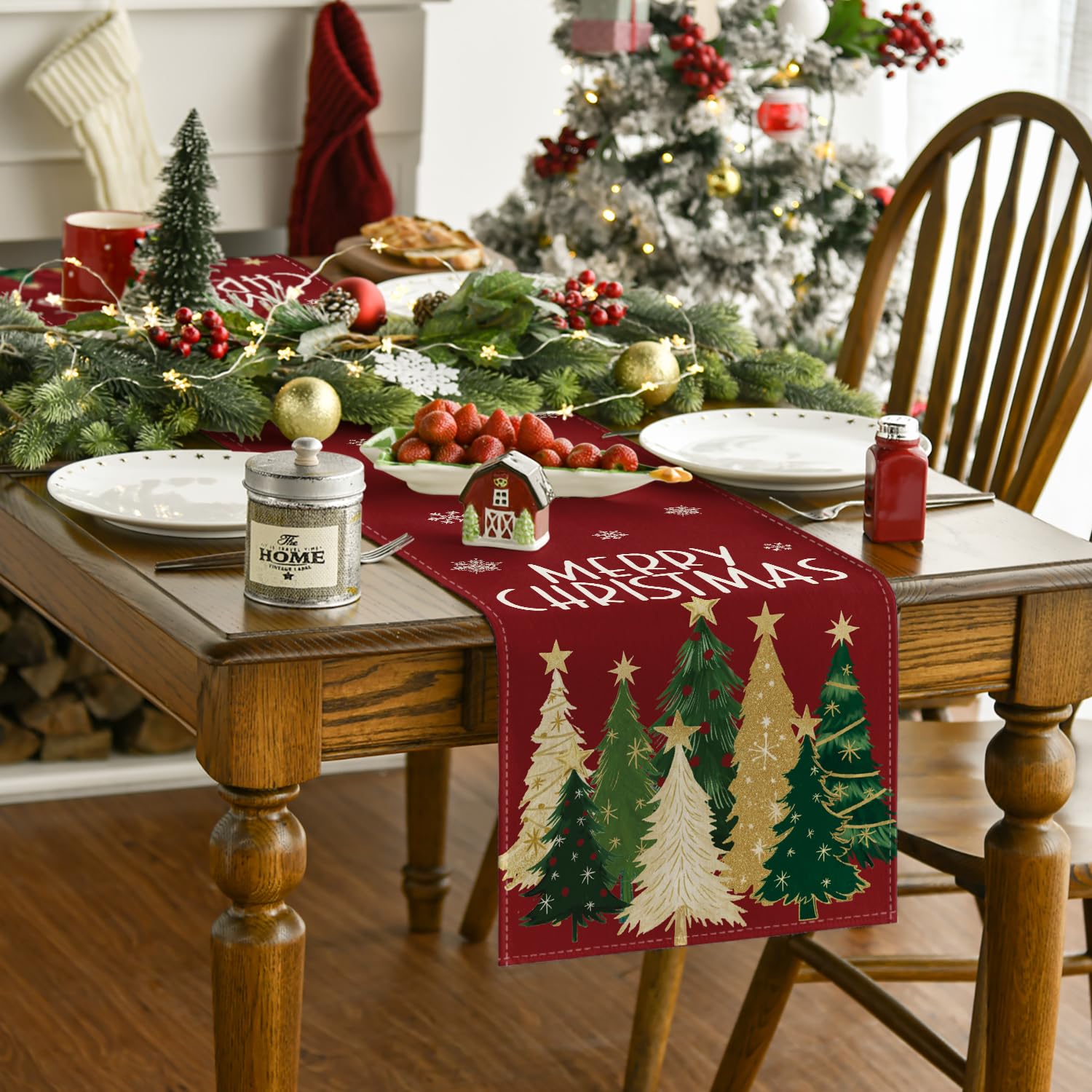 Artoid Mode Merry Christmas table runner on 13x108 inch table for festive meals.