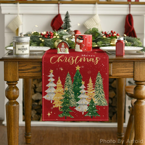 Artoid Mode merry-christmas table runner in red enhances holiday ambience and style.