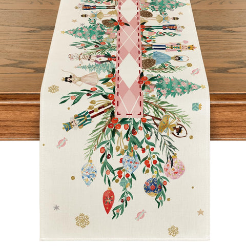 Artoid Mode Nutcracker Floral Holly table runner front view showing festive pattern for holiday meals