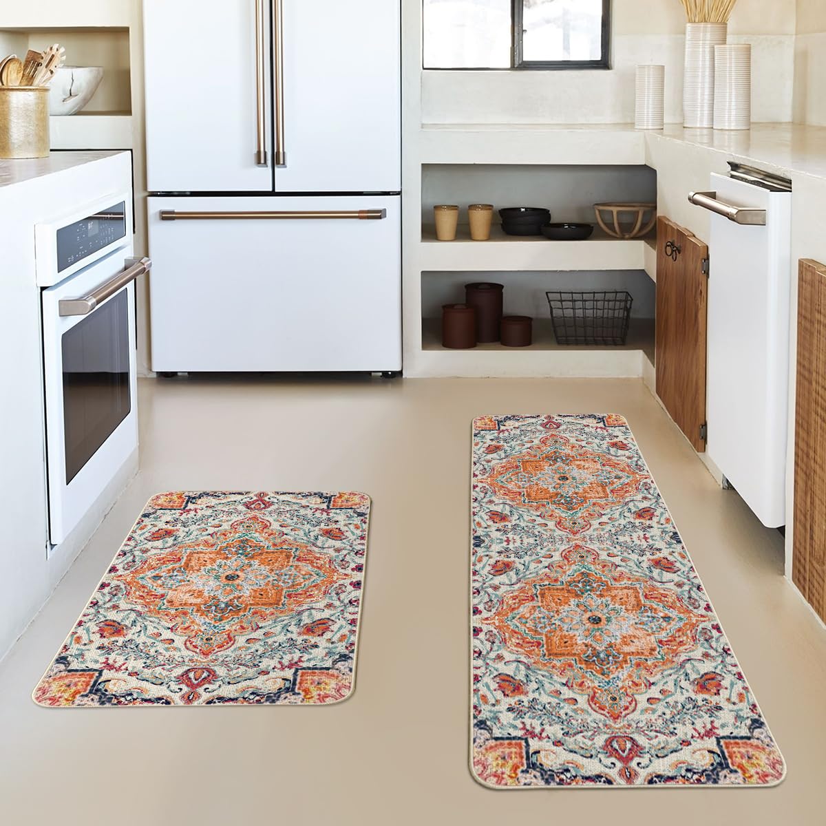 Artoid Mode orange flowers Bohemia kitchen mat in 17x47 highlights bold boho style underfoot in spacious kitchens.