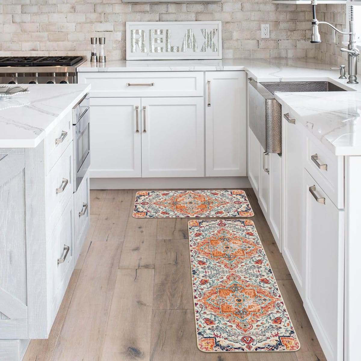 Artoid Mode orange flowers pattern closeup shows vibrant detail for decorative flooring.