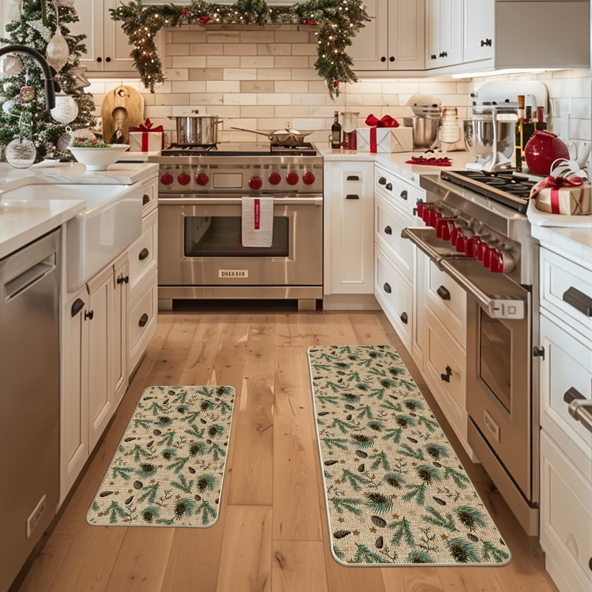 Artoid Mode Pine Nut Stars 17x47 kitchen mat for extended coverage and holiday charm.