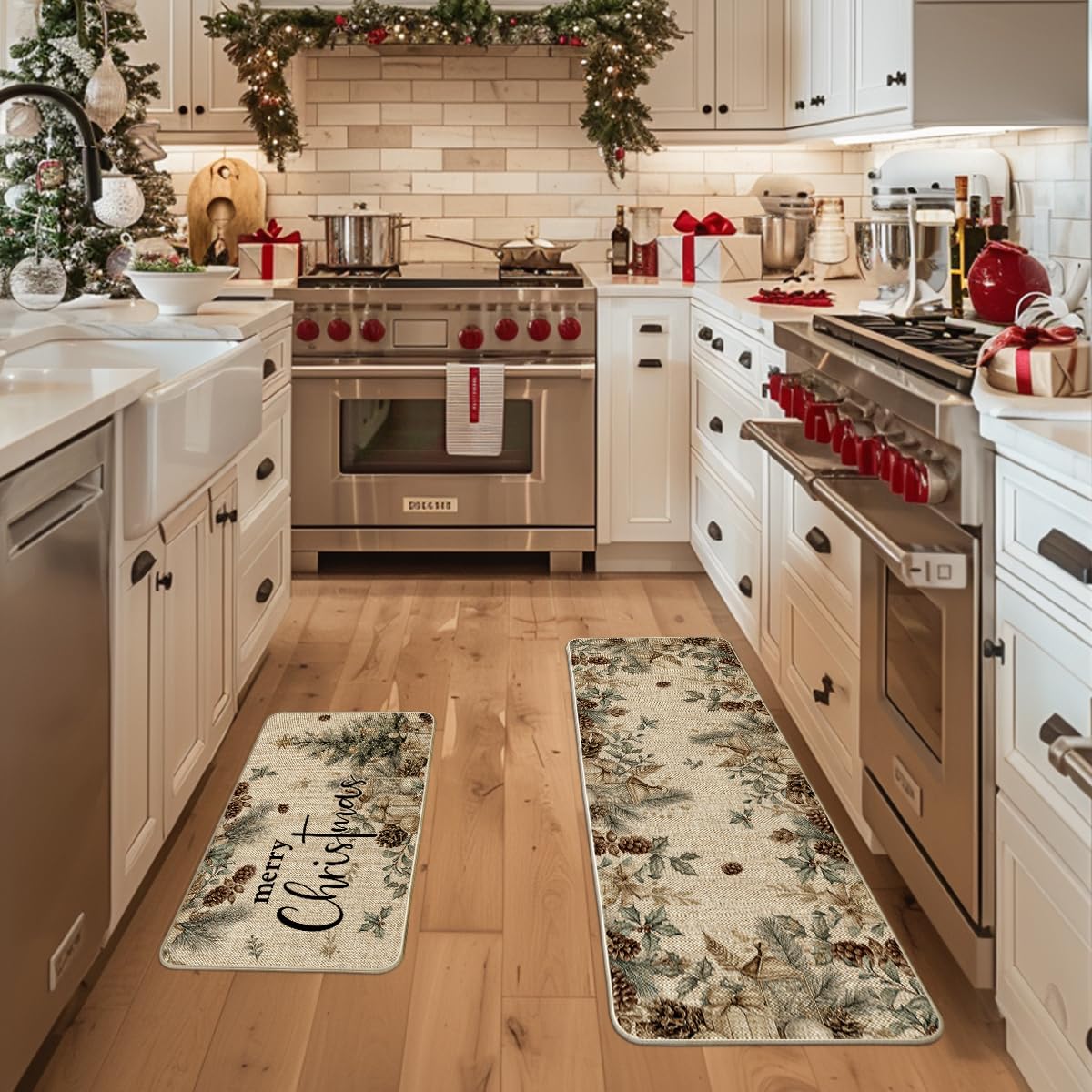 Artoid Mode pinecone tree ornament kitchen mat 17x47 provides low-profile comfort and grip.