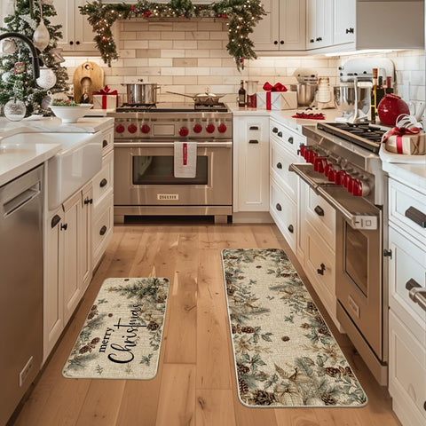 Artoid Mode pinecone tree ornament kitchen mat 17x47 provides low-profile comfort and grip.