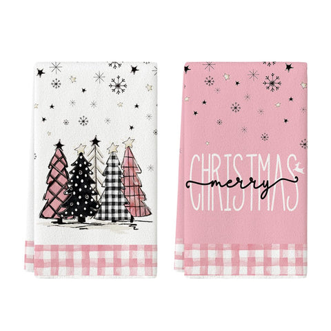 Artoid Mode pink buffalo plaid tree towel, front view for festive drying and décor.