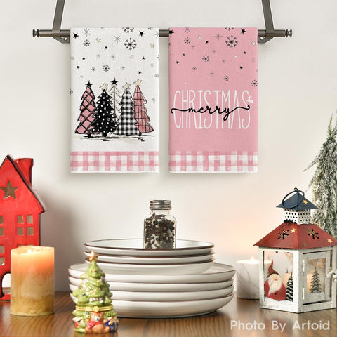 Artoid Mode pink buffalo plaid tree towel pack, two towels for daily kitchen tasks.