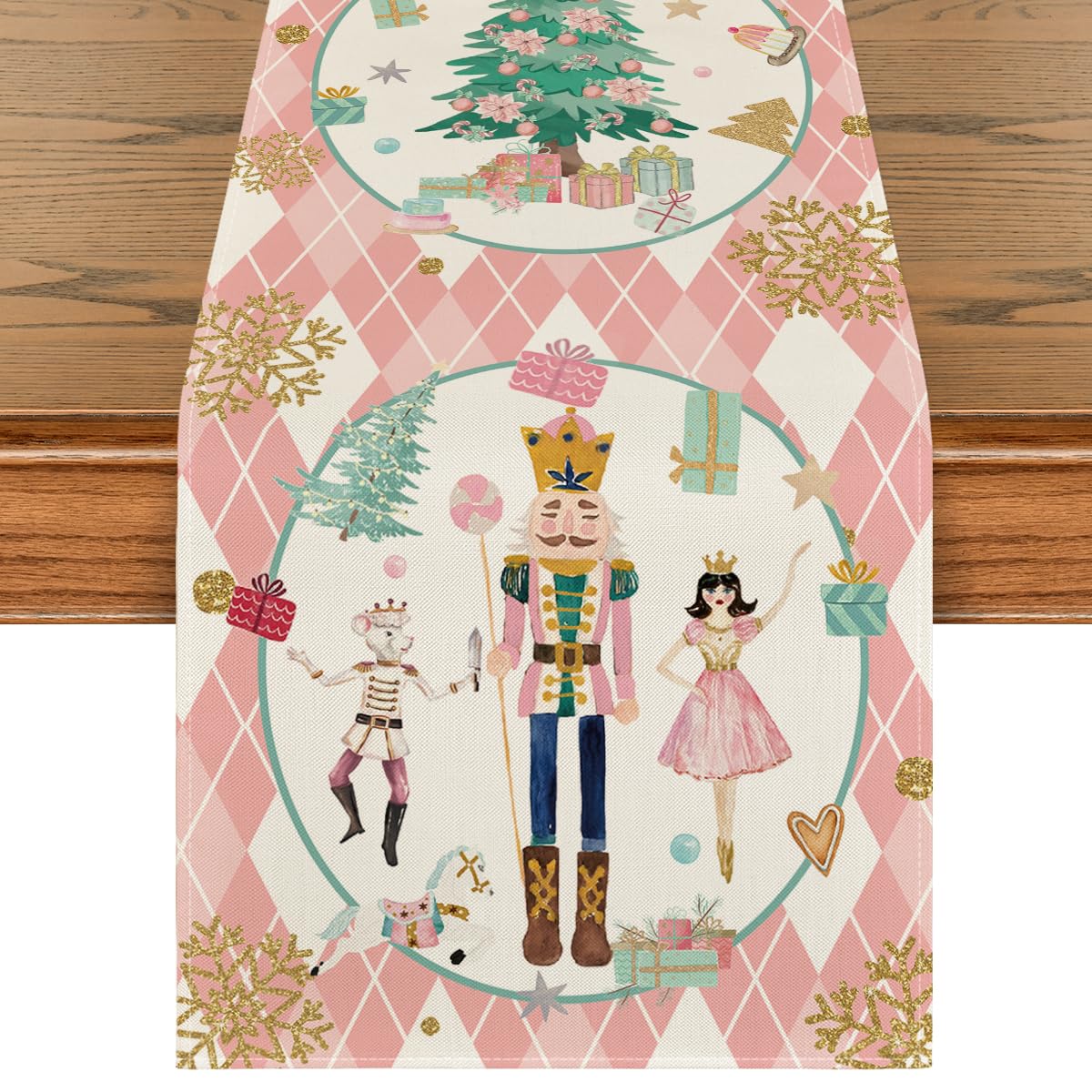Artoid Mode pink diamond plaid nutcracker table runner on full dining table, festive color and protection