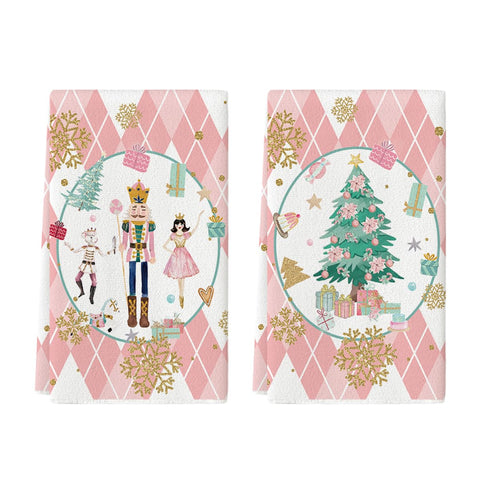 Artoid Mode pink nutcrackers tree dish towel close-up showing soft absorbent fibers.