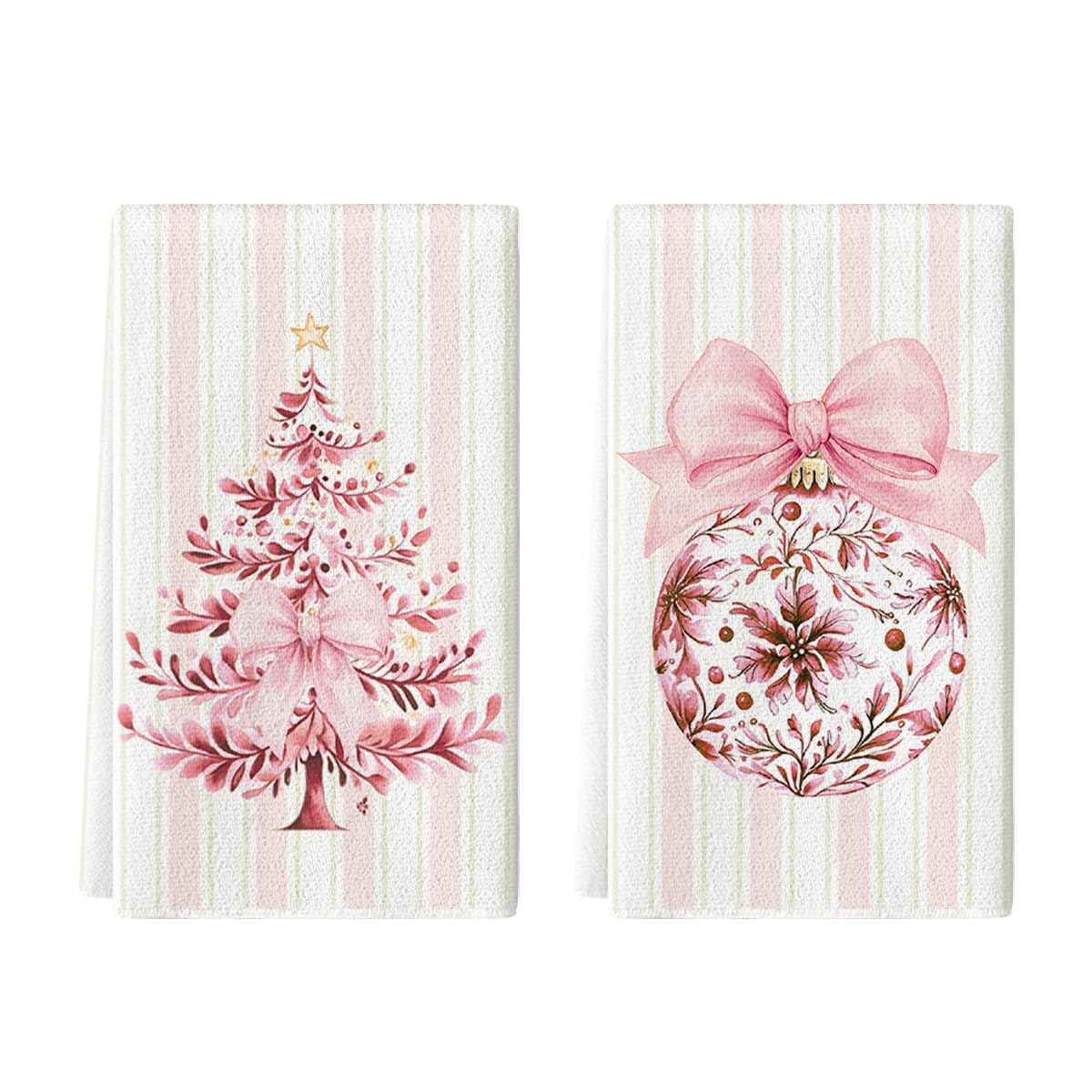Artoid Mode pink stripe Xmas tree towels dry dishes gently and add seasonal charm.