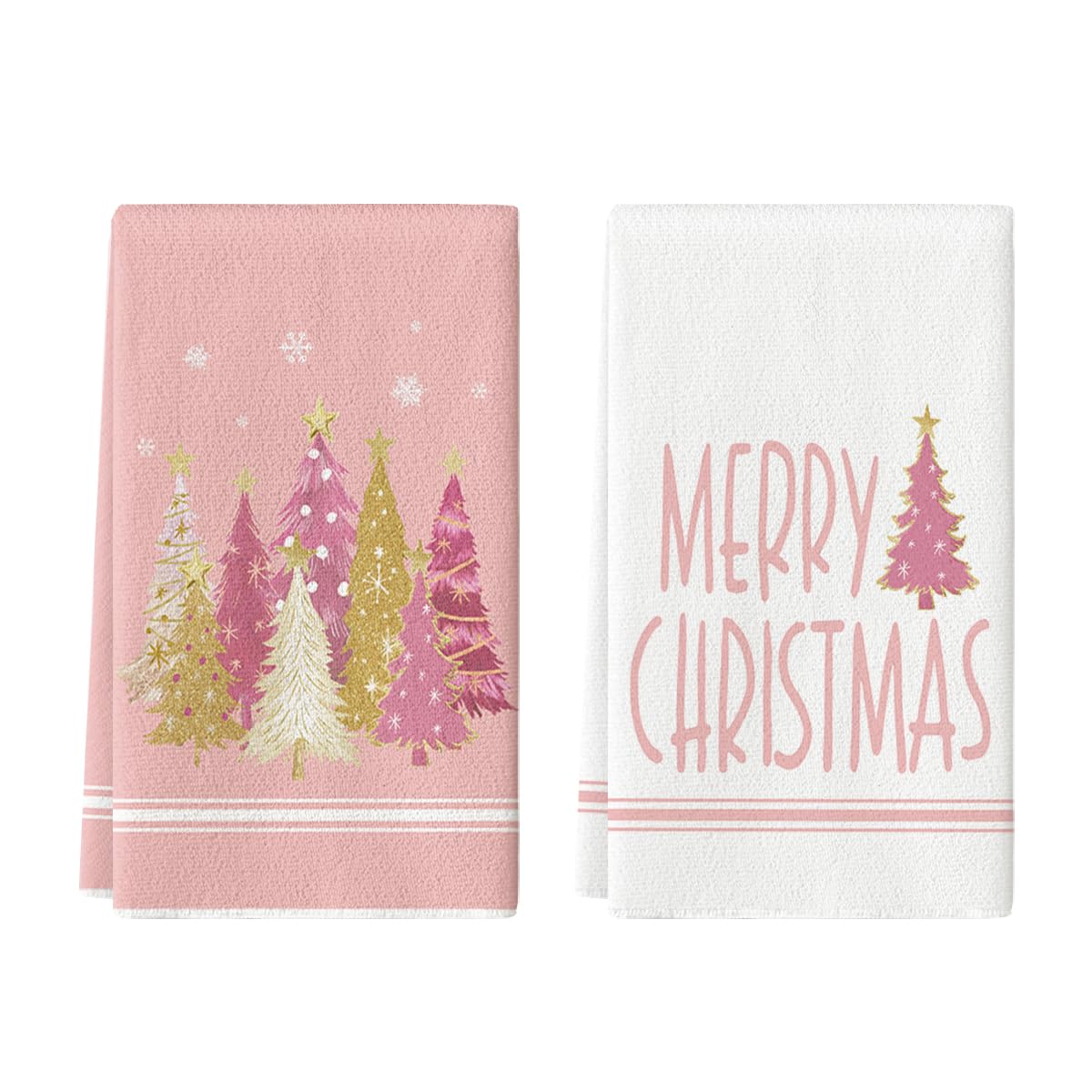 Artoid Mode pink Xmas tree dish towel pattern for festive drying and cookware care.