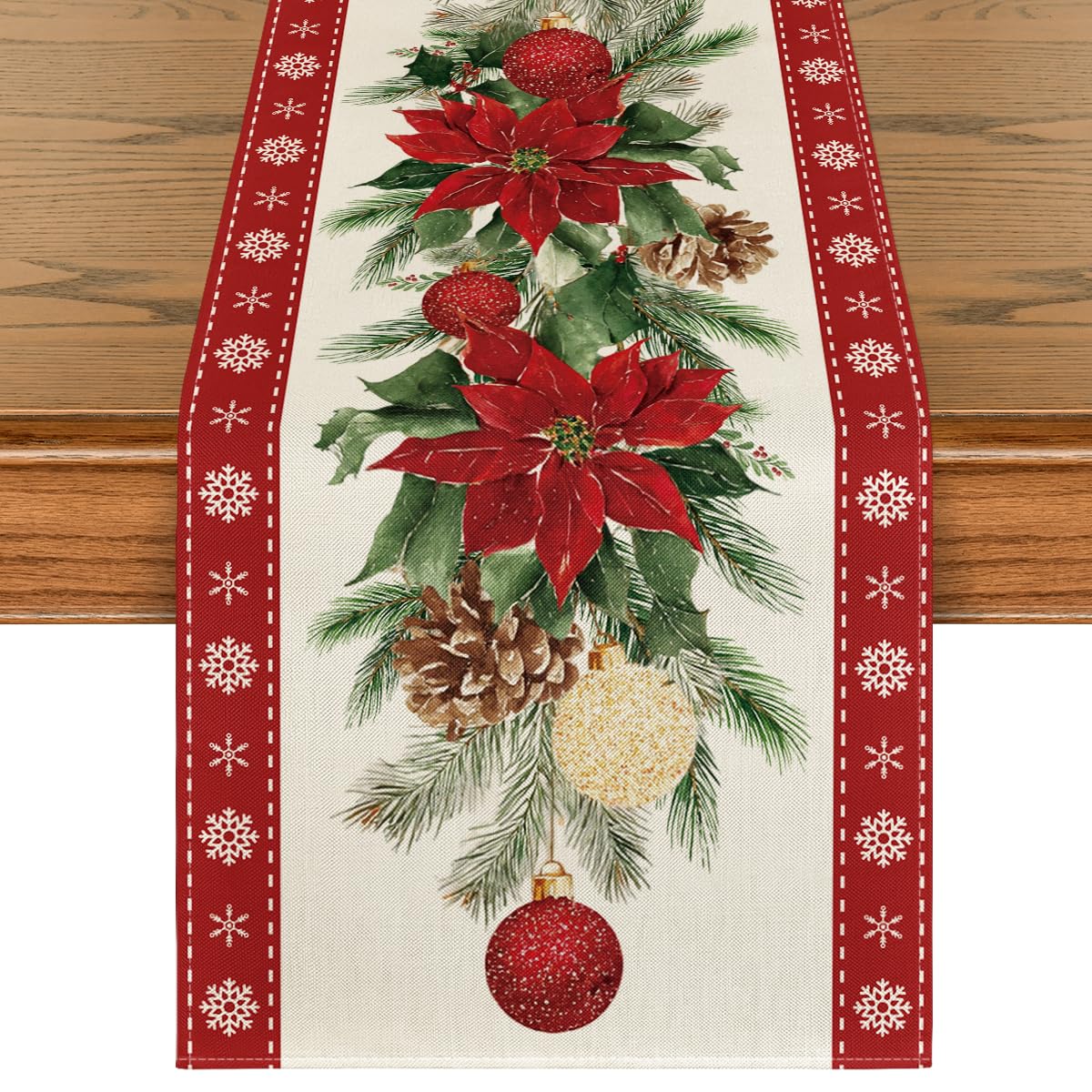 Artoid Mode poinsettia pine-branch pattern table runner enhances holiday dining.