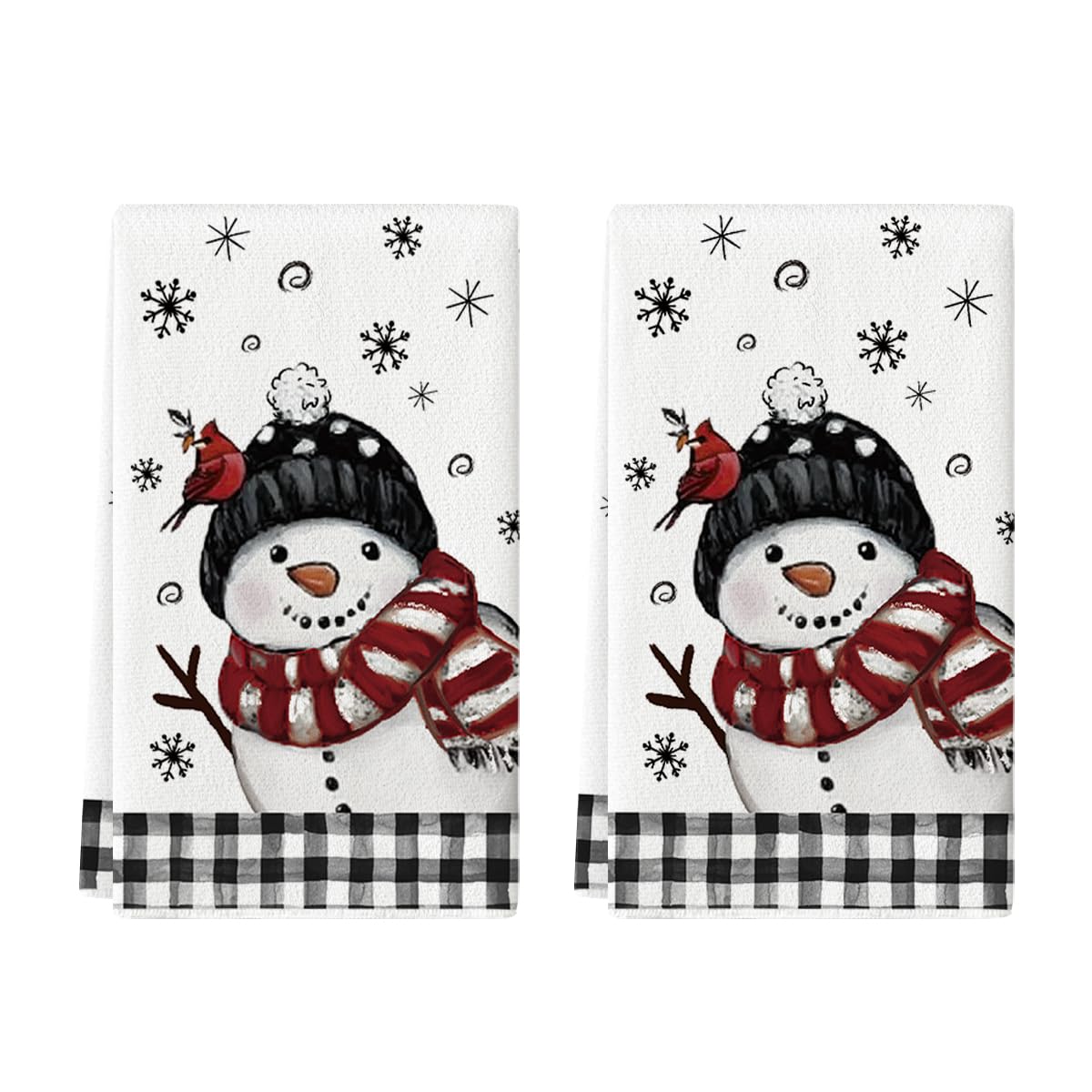 Artoid Mode red buffalo plaid bird snowman towel closeup shows soft fibers for delicate drying.