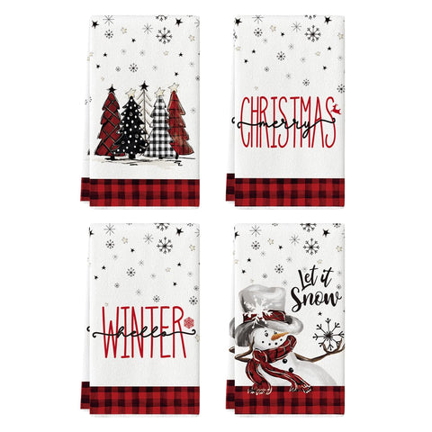 Artoid Mode red-black buffalo plaid snowman towels for quick dish drying and decor.