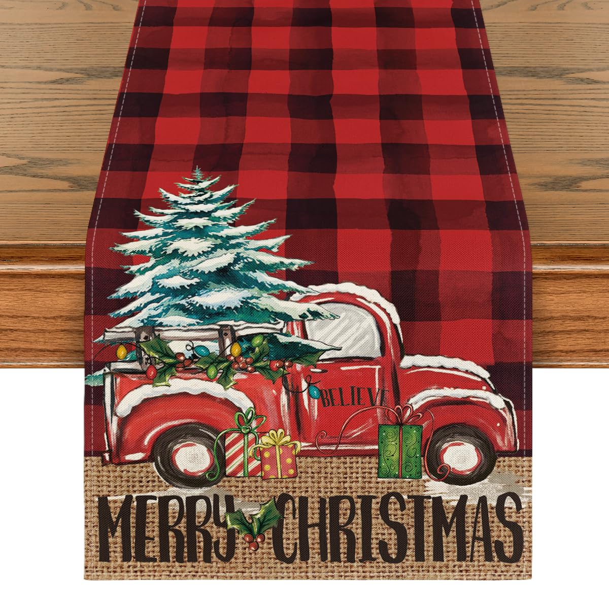 Artoid Mode red and black buffalo plaid tree table runner for holiday tables