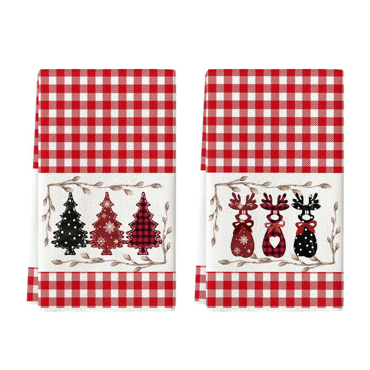 Artoid Mode red buffalo plaid deer kitchen towel for quick dish drying and festive flair