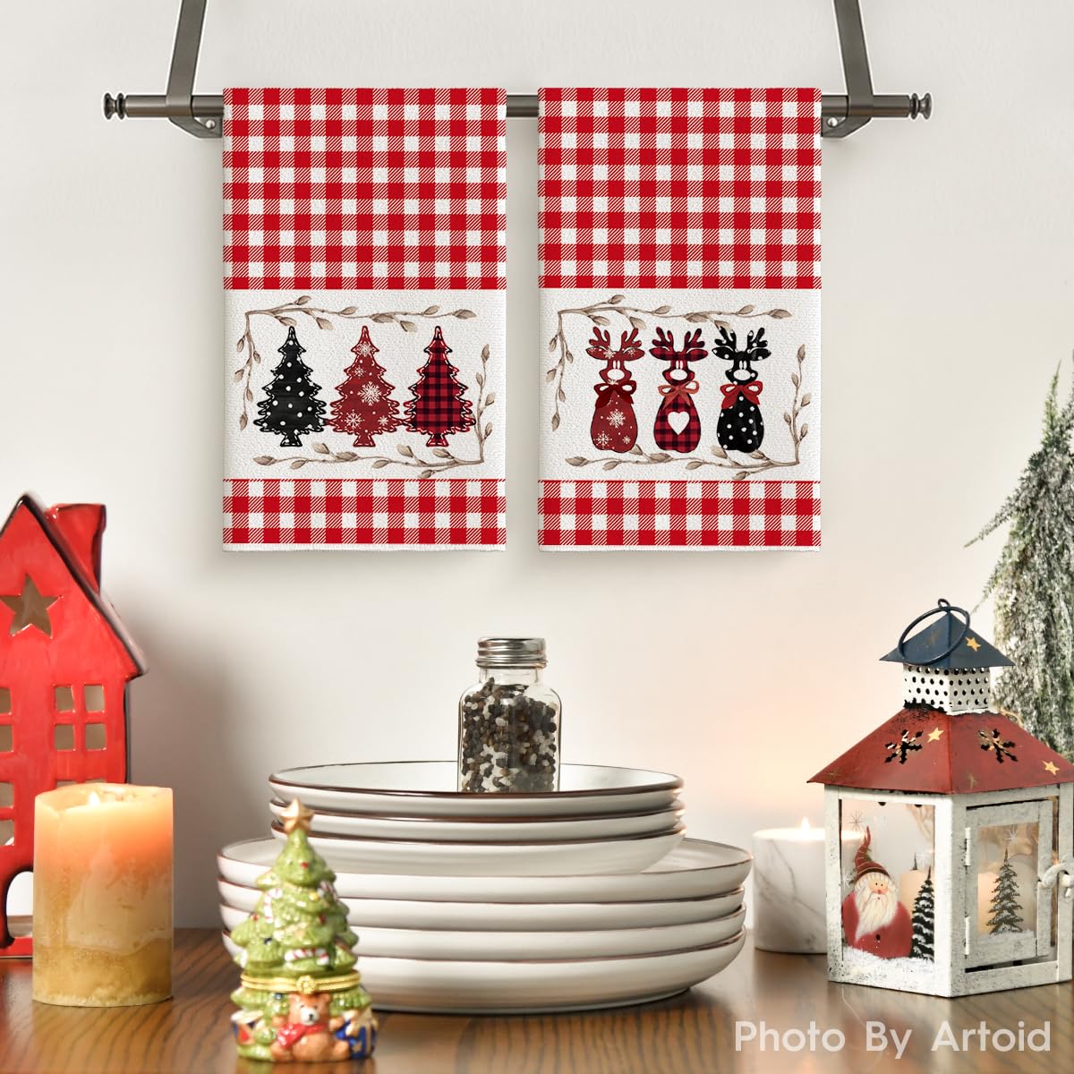 Artoid Mode red buffalo plaid deer towel 18x26 inches ideal for drying and decor