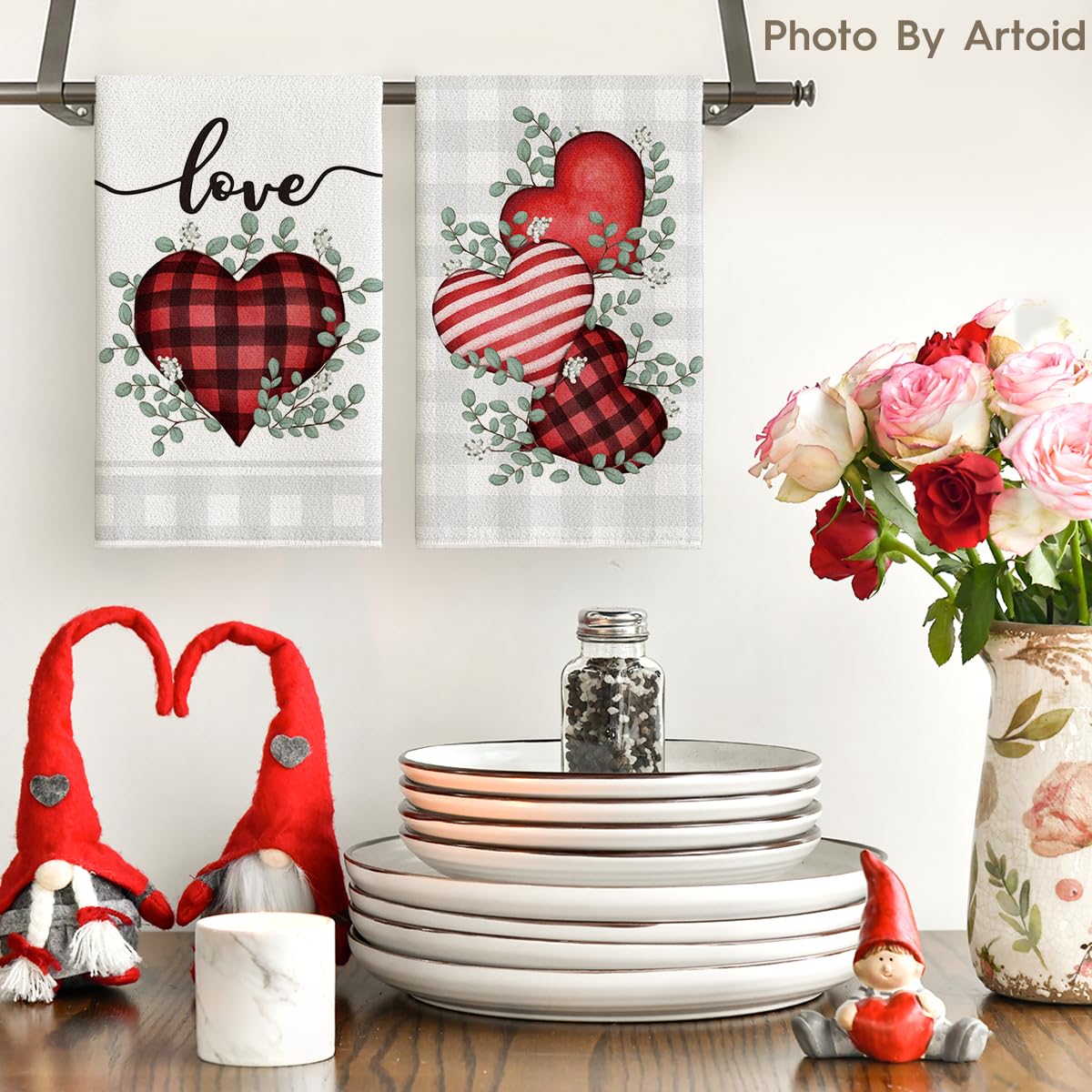 Artoid Mode red buffalo plaid heart towels folded neatly for storage