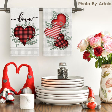 Artoid Mode red buffalo plaid heart towels folded neatly for storage