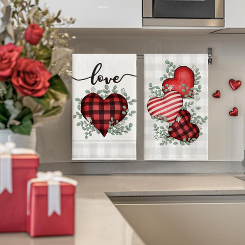 Artoid Mode red buffalo plaid heart towels in kitchen scene