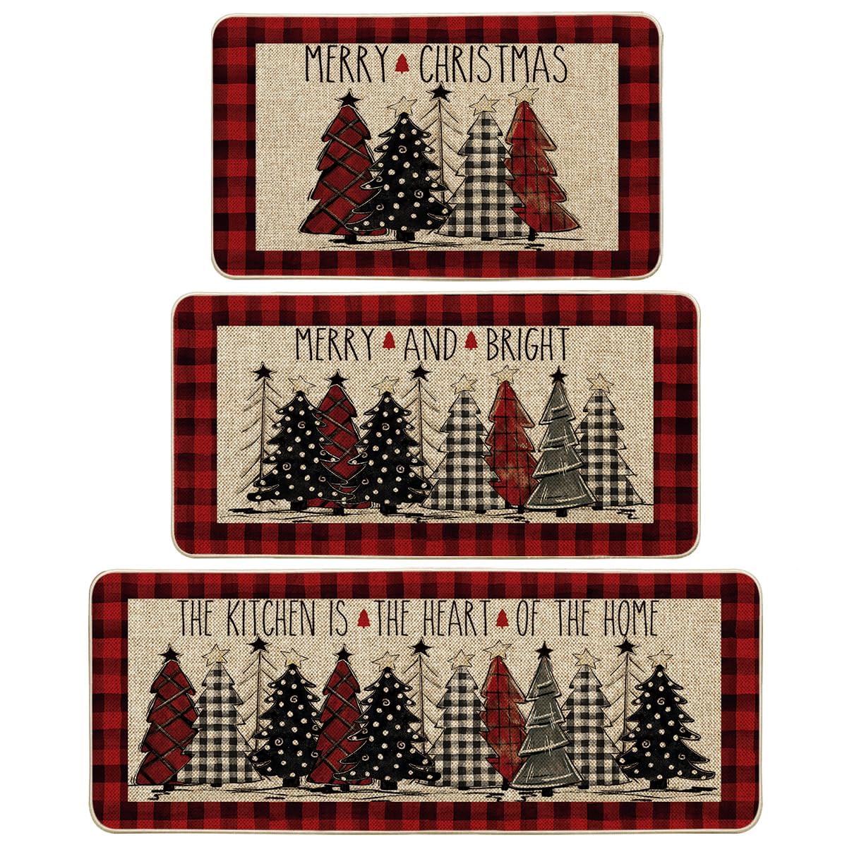 Artoid Mode red buffalo plaid kitchen mats close-up showing festive pattern and durability
