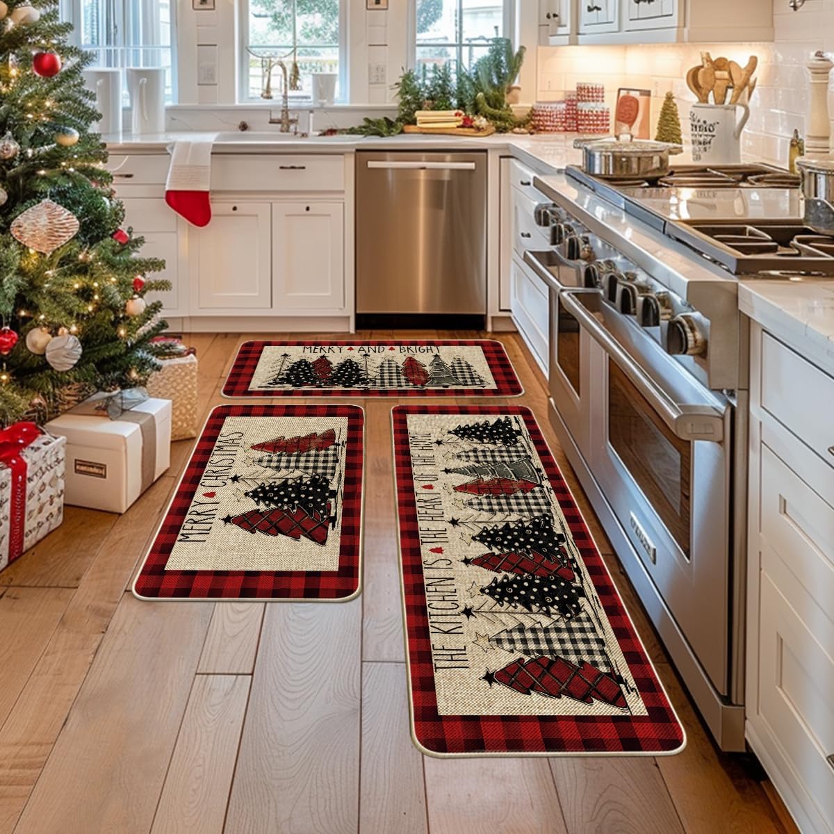 Artoid Mode low-profile edge design on red plaid mats fits under cabinets