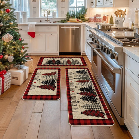 Artoid Mode low-profile edge design on red plaid mats fits under cabinets