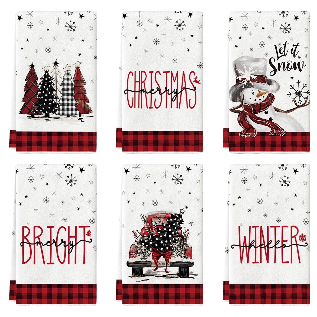 Artoid Mode red buffalo plaid Xmas trees towels for festive drying and decor.