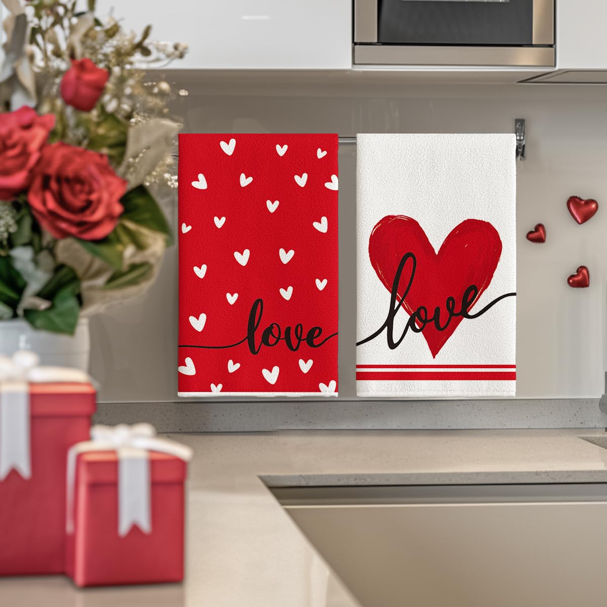 Artoid Mode Red Heart towels styled for wedding anniversary decor in the kitchen