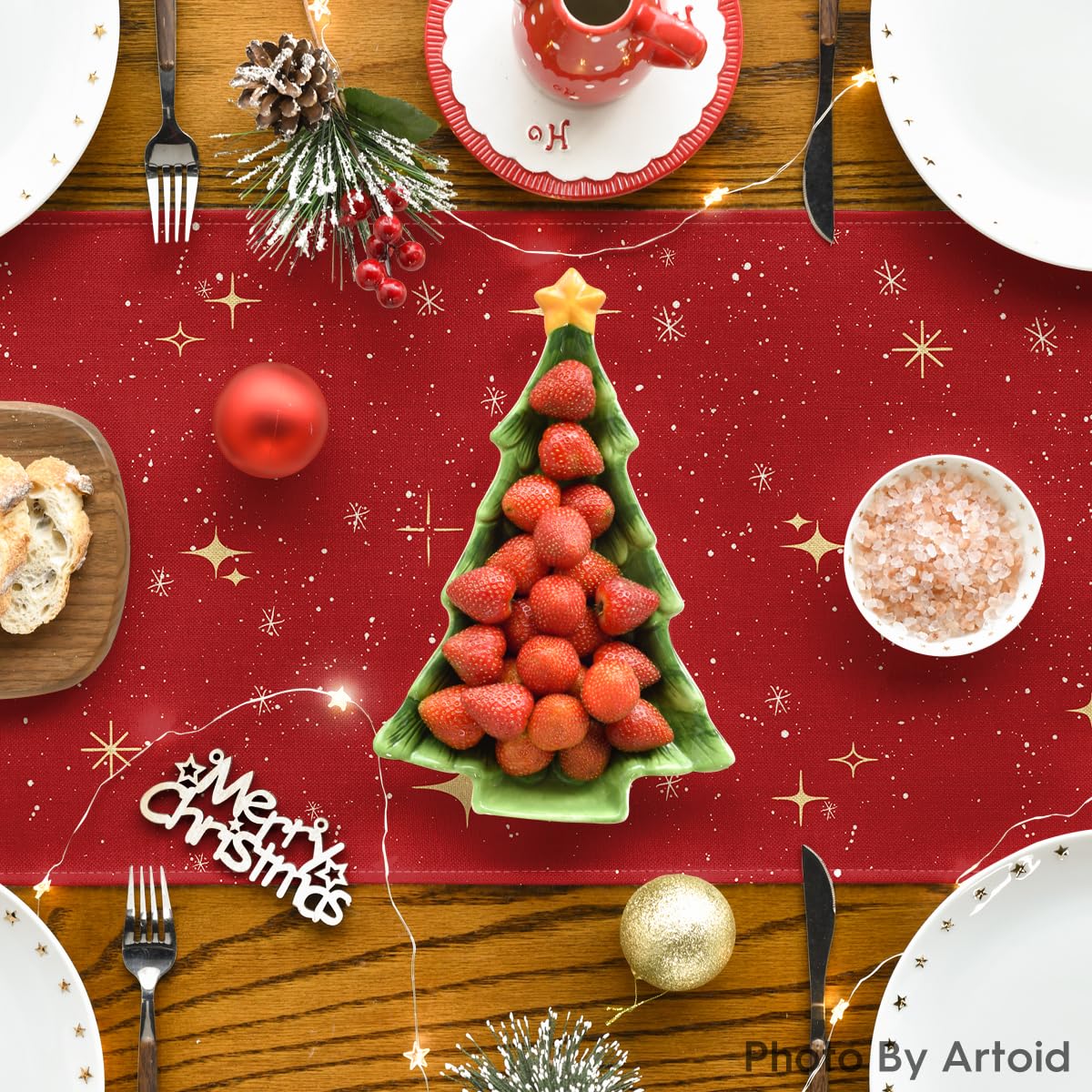 Artoid Mode red kitchen dining runner highlights a festive centerpiece