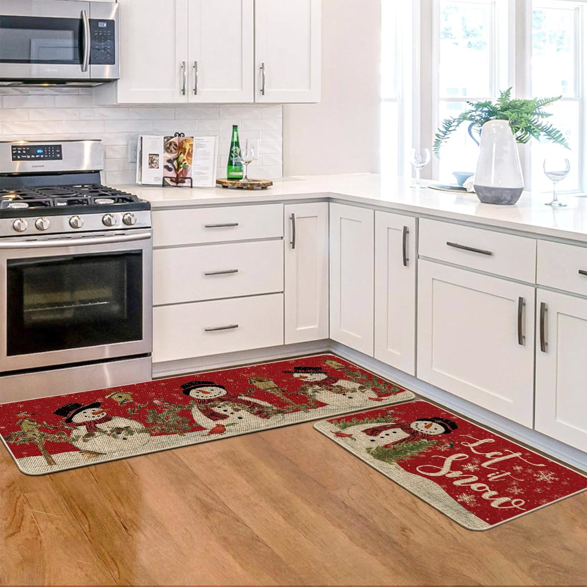 Artoid Mode red Let It Snow mat with non-slip backing prevents slips during meal prep
