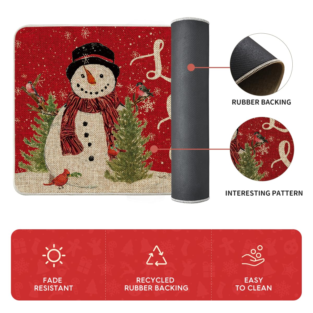 Artoid Mode snowman cardinal mat resists stains and cleans quickly after holidays