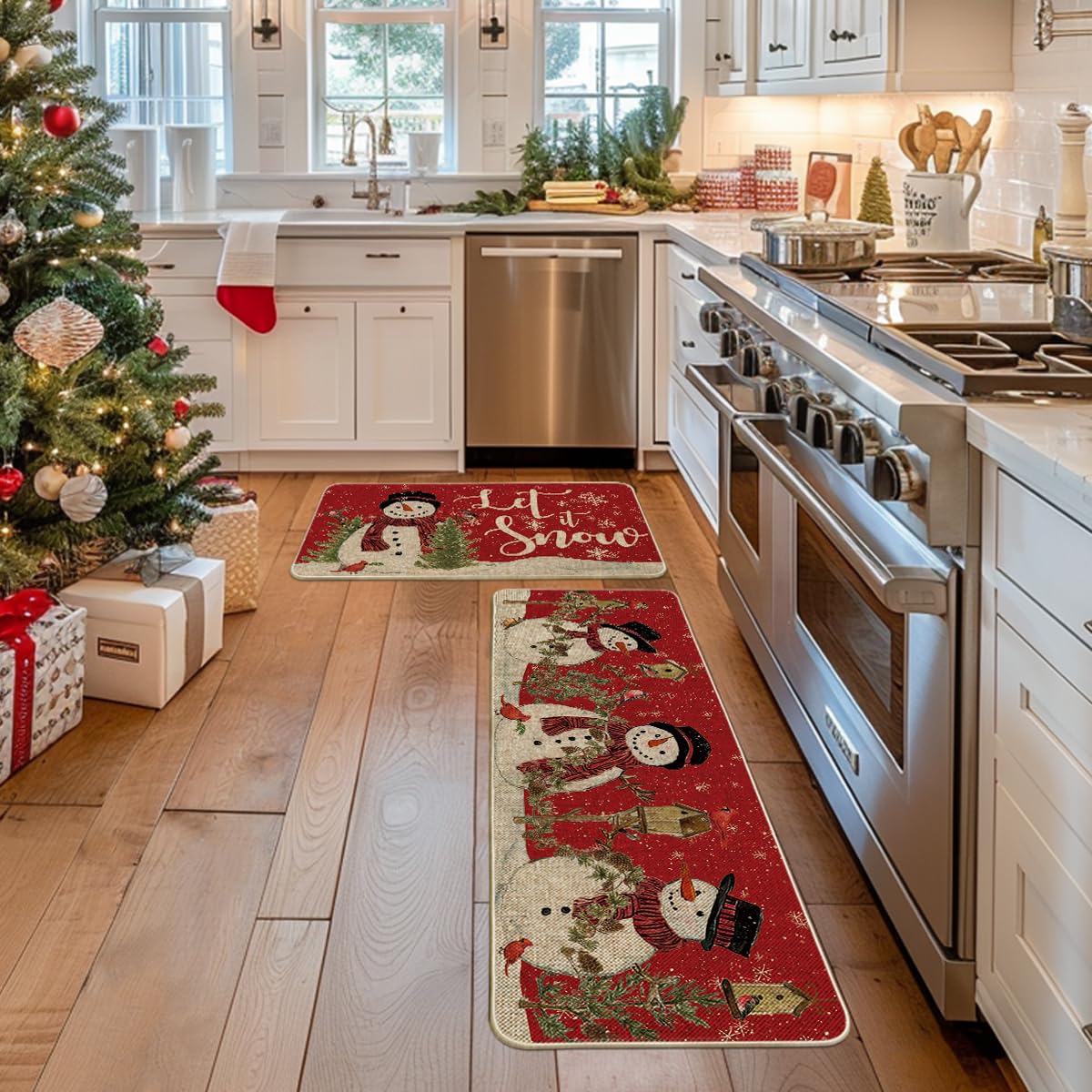 Artoid Mode red Let It Snow winter kitchen mat supports busy cooks and protects floors