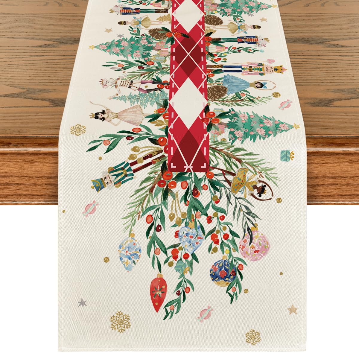 Artoid Mode Red Nutcracker Floral Table Runner for festive dining and surface protection.