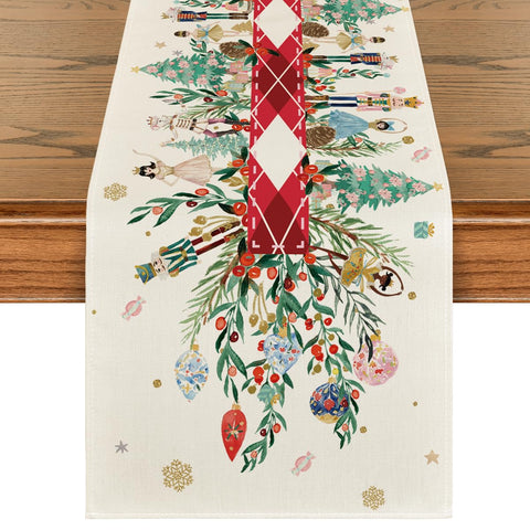Artoid Mode Red Nutcracker Floral Table Runner for festive dining and surface protection.