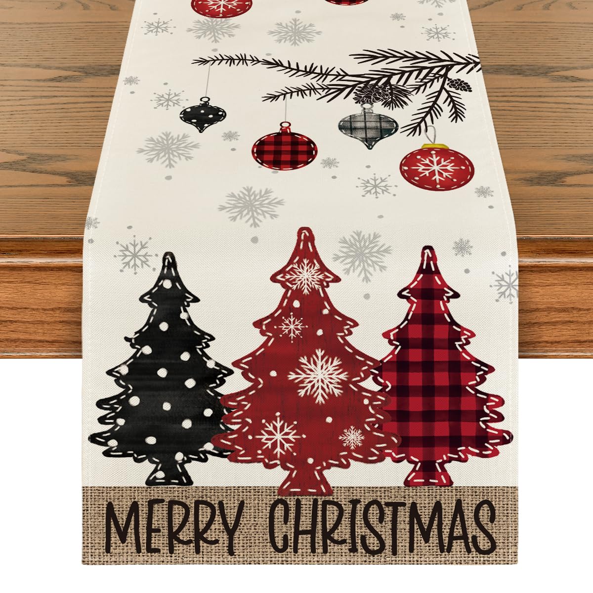 Artoid Mode red pine trees table runner on festive dining setup, protecting your table.