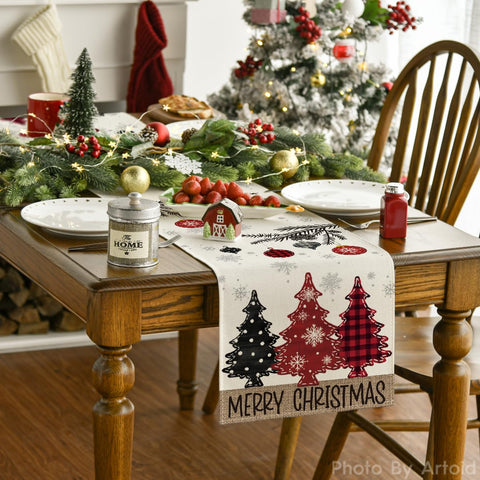 Artoid Mode table runner side view highlights durable stitching and festive print.