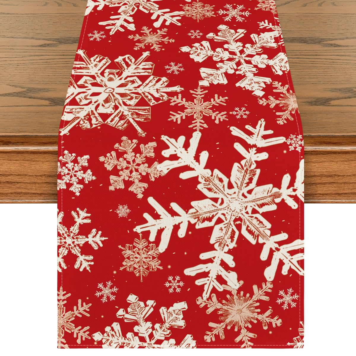 Artoid Mode red snowflakes table runner on festive dining setup