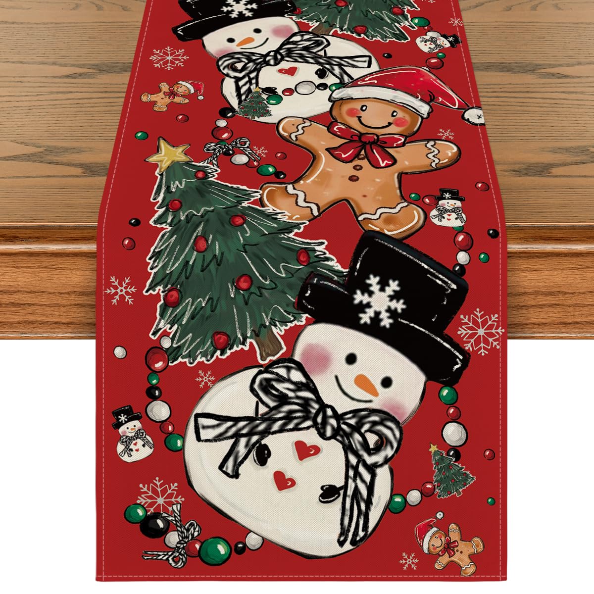 Artoid Mode red snowman gingerbread pine table runner brightens holiday tables