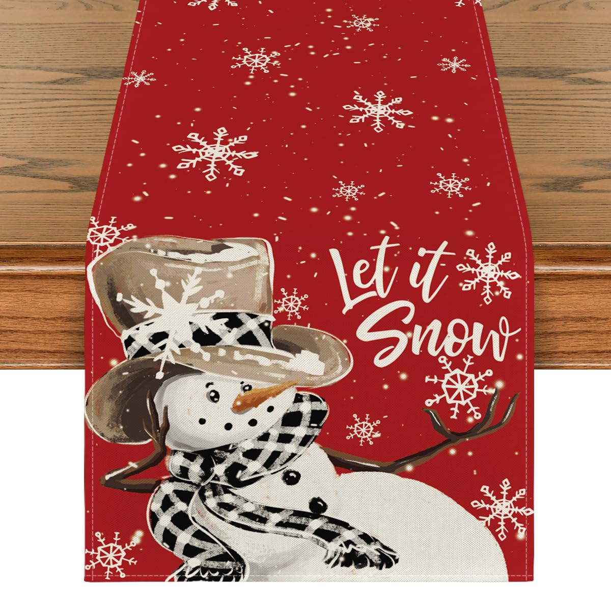 Artoid Mode red snowman snowflake table runner for festive dining ambiance
