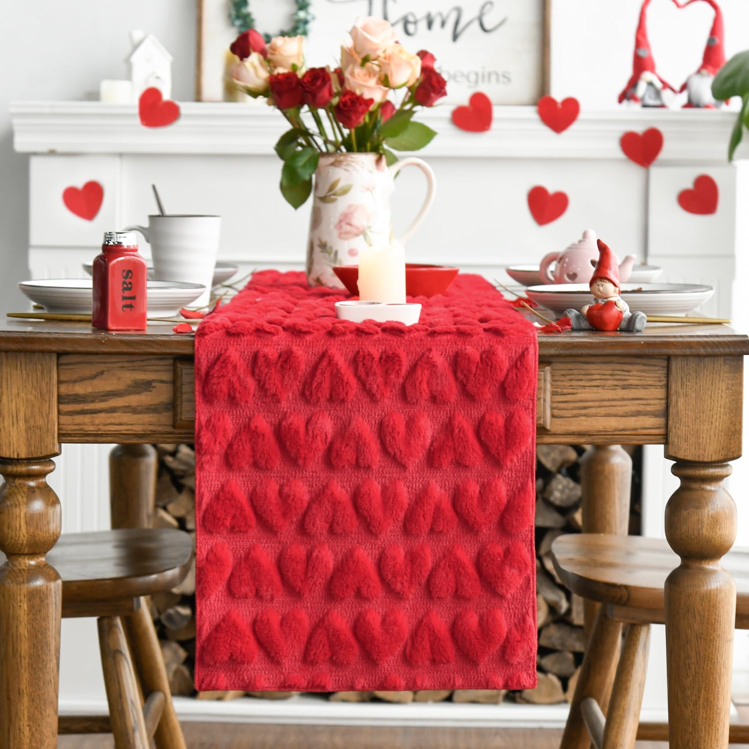 Artoid Mode red plush table runner in a dining scene for seasonal entertaining
