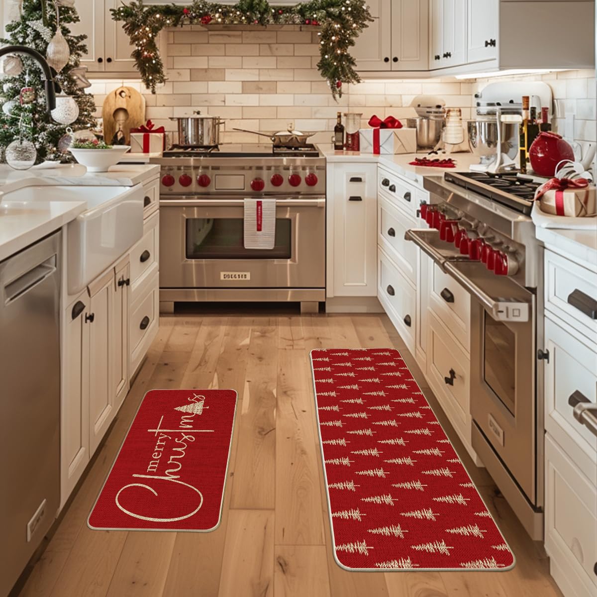 Artoid Mode Red Xmas Tree mat 17x47 bright doorway, seasonal warmth.