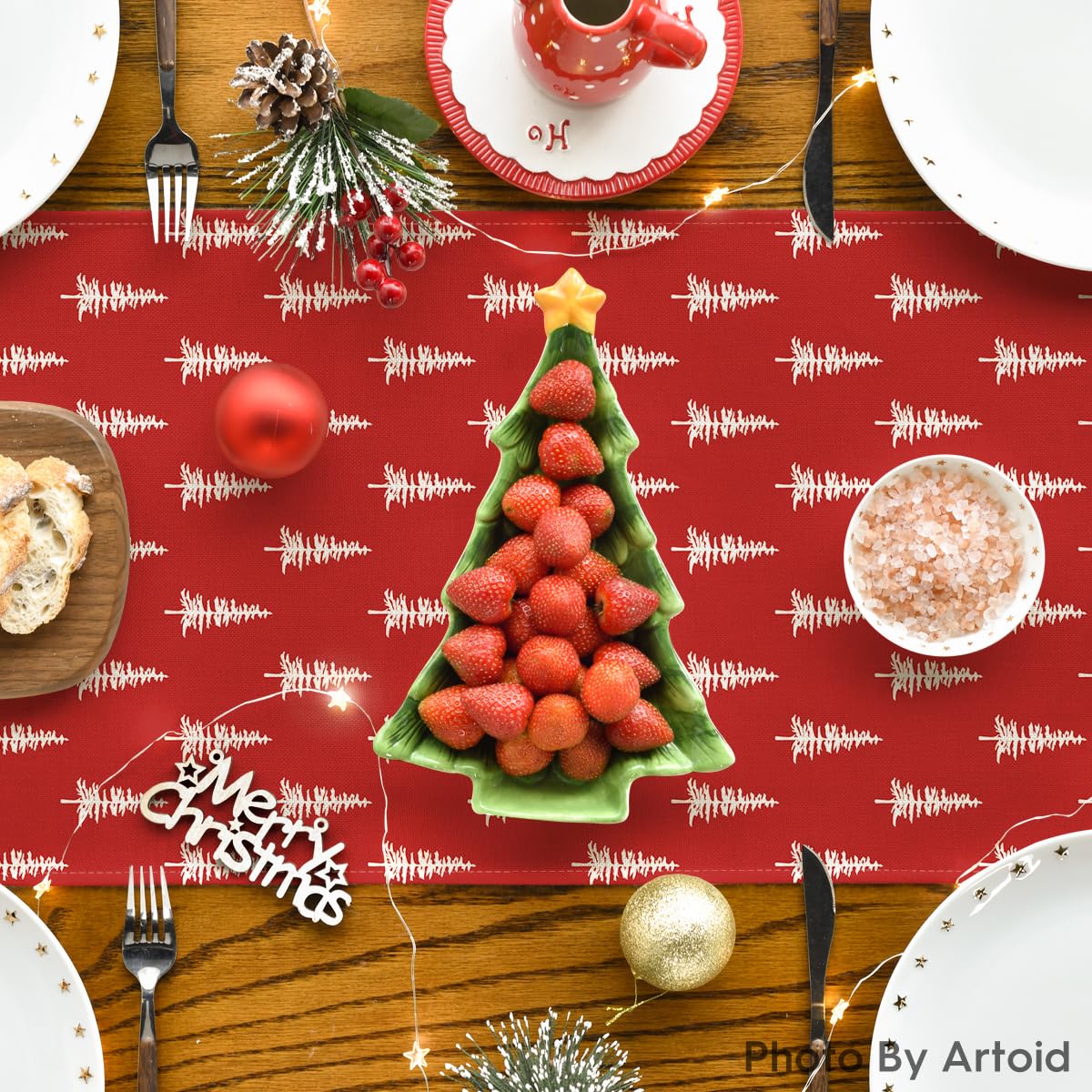 Artoid Mode red Xmas Tree table runner with vibrant colors brightening a modern kitchen.