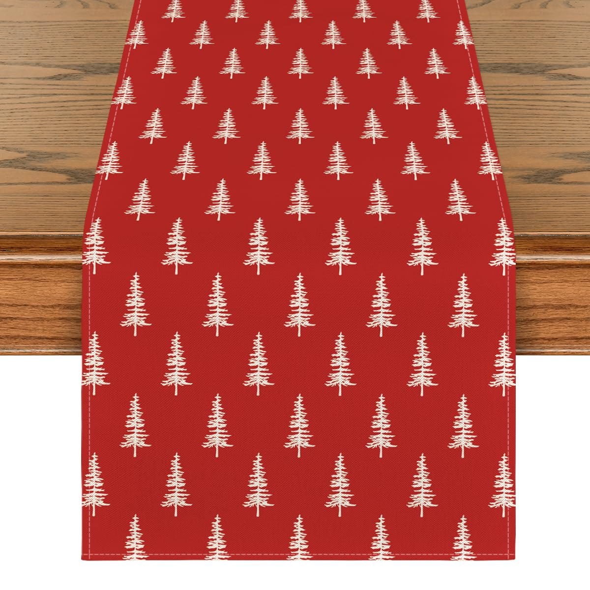 Artoid Mode red Xmas Tree table runner close-up stitch highlighting festive texture and durability.