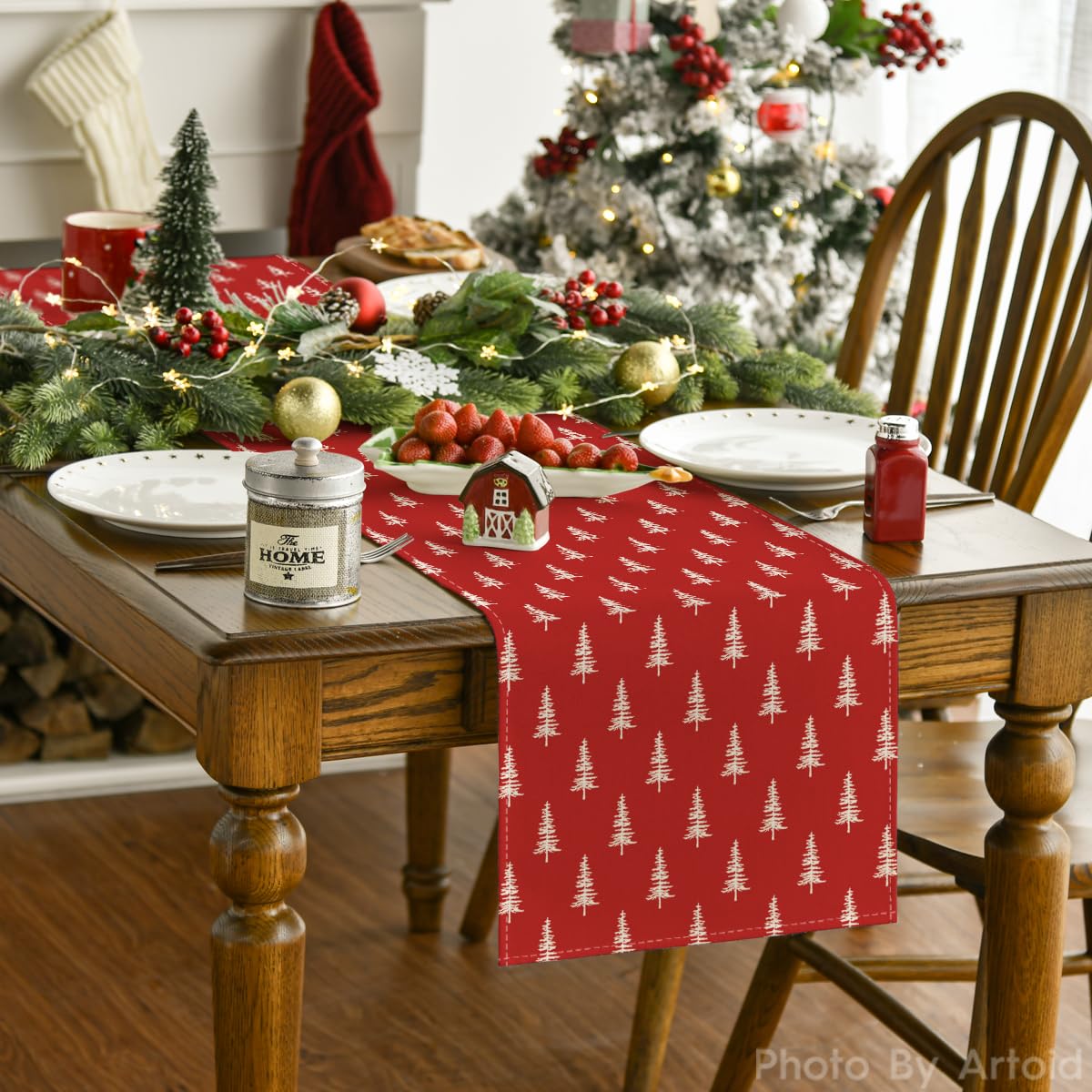 Artoid Mode red Xmas Tree table runner on a plated holiday dinner table, ready to impress.